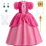 1 x RAW Customer Returns LZH Princess Peach Costume for Girls Super Bros Costume Cosplay Carnival Halloween Pink Princess Dress with Crown Earrings and Gloves - RRP €32.8