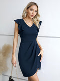 1 x RAW Customer Returns Missufe Mini Dress Cocktail Dress Elegant Party Dress Wrap Dress Women Bodycon Figure-hugging Tight Dresses Dark Blue, Large  - RRP €33.26