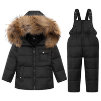 1 x RAW Customer Returns Baby Ski Suit Down Jacket with Hood Ski Pants, 2 Piece Snow Suit Snowsuit Warm Winter Dungarees Jacket Coat Snow Pants, Black 3-4 Years - RRP €59.1