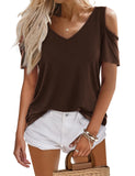 1 x RAW Customer Returns Beluring Women s Top Open Shoulder V-Neck Summer Short Sleeve Shirts Coffee XL - RRP €21.98