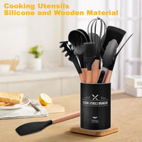 1 x RAW Customer Returns 12 Piece Kitchen Utensil Set, Silicone Kitchen Utensils Set, Non-Stick Heat Resistant Wooden Handle Cooking Cutlery with Utensil Holder, Silicone Spatula Cookware Set, Dishwasher Safe Black  - RRP €20.16