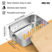 1 x RAW Customer Returns Huerous stainless steel lunch box with wooden lid, bamboo lid bento box with 2 compartments, metal box with wooden lid, bento lunch box school excursions lunch box school work picnic for adults 1400ml  - RRP €26.21