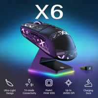 1 x RAW Customer Returns VGN Game Power Attack Shark X6 Superlight Wireless Gaming Mouse with RGB Charging Station, 49g Ultralight Mouse, PixArt PAW3395 Sensor, 26000DPI, 2.4G BT Wired, Griptape Set, G502, PC Mac, Black - RRP €58.99