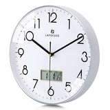 1 x RAW Customer Returns Lafocuse Silent Wall Clock with Calendar Digital LCD, Modern Wall Clock with Date Day of the Week and Thermometer, Silver Analog Quartz Clock for Living Room Bedroom Office Kitchen 30cm - RRP €23.59