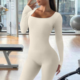 1 x RAW Customer Returns Menore Women s Yoga Jumpsuits Workout Ribbed Long Sleeve Soft Sports jumpsuits Square Neck Figure-Hugging One-Piece - RRP €29.23