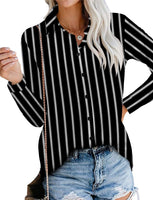 1 x RAW Customer Returns CZIMOO Women s Casual Long Sleeve Button Up Shirt Women s Elegant Button Up V-Neck Striped Shirt Top Black L - RRP €29.99