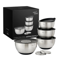 1 x RAW Customer Returns OS Oak Steel ENGLAND Set of 4 Stainless Steel Mixing Bowls with Non-Slip Base, Salad Bowl 4.5L, 3.5L, 2.5L, 1.5L , 4 Airtight Lids and 3 Adjustable Graters - RRP €36.29