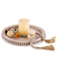 1 x RAW Customer Returns Romadedi Wooden Beaded Tray Country House 31cm Rustic Round Wooded Tray for Candle Centerpiece Decorative White Washed Distressed Home D cor Kitchen Countertop - RRP €23.99