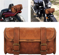 1 x RAW Customer Returns american blue leather handlebar bag, brown saddle and motorcycle bag, bicycle tool bag, leather travel accessory bag light brown  - RRP €30.0