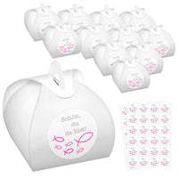 9 x Brand New 48 pieces baptism gift box and sticker set contains 48 white gift boxes with handle and 48 stickers mini cake box for guests baby shower communion confirmation pink fish  - RRP €90.63