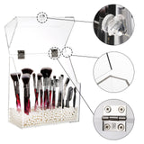 1 x RAW Customer Returns Okllen Makeup Brush Holder with Dustproof Lid, White Pearls, Transparent Acrylic Makeup Brush Organizer with 3 Compartments, Cosmetic Brush Storage Box for Vanity, Bathroom, Bedroom - RRP €23.99