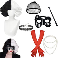 1 x RAW Customer Returns HIQE-FL Cruella costume for women, Halloween costume for women, 70s accessories, short black and white cosplay wigs with bangs, women s lace mask, gloves necklace set, for carnival, fancy dress, theme party - RRP €19.67