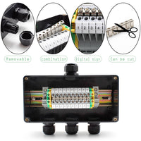 1 x RAW Customer Returns Junction box waterproof IP66, 155 x 90 x 60 mm, SRJQXH feed-through terminal 10-pin UK2.5B terminals with DIN rail, black distribution box surface-mounted 1 in 3 out, for control cabinet outside waterproof - RRP €26.21