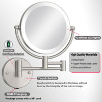 4 x Brand New RECKODOR Makeup Mirror with Light Wall Mounted, Double-Sided Makeup Mirror with 1X 5X Magnification, USB Rechargeable Cosmetic Mirror, Touch Screen, Dimmable, Extended Arm - Brushed Nickel - RRP €484.0