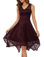 1 x Brand New Meetjen Women Vintage High Low Sleeveless V-Neck Floral Lace Swing Cocktail Dress Burgundy 2XL - RRP €43.99