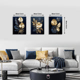 1 x RAW Customer Returns 3 pieces canvas pictures with frame, navy blue, gold, flowers, coconut leaf, picture on canvas, wall art, wall pictures, art print, decoration for living room, bedroom, ready to hang, 90 x 40 cm 30 x 40 x 3  - RRP €37.74