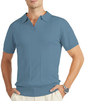 1 x RAW Customer Returns JACKETOWN Polo Shirt Men Short Sleeve, Knitted Polo Shirt Men with Vintage V-Neck Men s T-Shirt Tennis Golf Outdoor Sport Breathable for Men Polo Shirts 164-Light Blue-3XL  - RRP €25.7