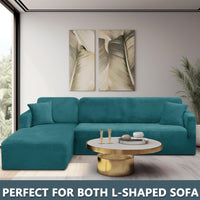 1 x RAW Customer Returns CHELZEN Velvet Peninsula Sofa Cover, 2-Piece Couch Cover Left Right Corner, Chaise Longue Sofa Throws with Two Pillowcases, L Shape Peninsula Sofa Covers 2 Seater 3 Seater, Peacock Blue  - RRP €56.99