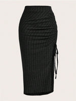 1 x Brand New GORGLITTER Skirt Women s Ribbed Knit Midi Skirt with Slit Autumn Skirts Elegant Vintage Skirt Casual Skirt with Drawstring Black S - RRP €24.99