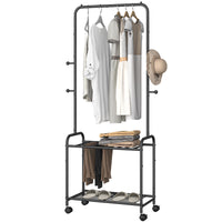 1 x RAW Customer Returns Hzuaneri Clothes Rack, Clothes Rack with 2 Tier Storage Shelf, 2 in 1 Design, Clothes Rack with 4 Wheels, Metal Frame Shoe Rack, Coat Rack with 4 Hooks for Bags, Black GR07660B - RRP €29.99