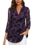 1 x RAW Customer Returns Vafoly Women s 3 4 Sleeve Tops and Blouses Long Tunic Tops to Wear with Leggings Ladies Business Casual Tops Split V Neck Dress Shirts for Professional Office Work Flocked Purple Flowers XL - RRP €33.26