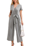 1 x RAW Customer Returns OUGES Jumpsuit Women Summer Elegant Overall Long Playsuit Short Sleeve Casual Trouser Suit with Pockets Gray, XL  - RRP €36.99