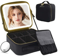 1 x RAW Customer Returns JADAZROR Makeup Bag with Mirror and Light, Travel Makeup Bag with 3 Color LED Lighted Makeup Organizer, Portable Makeup Case with Adjustable Dividers, Cosmetic Bag, Gift - RRP €38.4