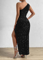 1 x RAW Customer Returns Justchicc Women s Sexy One Shoulder Sleeveless Sparkling Sequin Party Dress Maxi Dress Black Medium - RRP €70.21