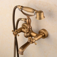 1 x RAW Customer Returns hiendure Wall Mount Two Handles Bathtub Faucet with Hand Shower Antique Brass Finish - RRP €80.66