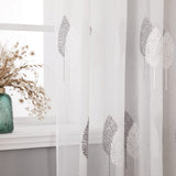 1 x RAW Customer Returns MIULEE Curtains with gray and white leaves pattern, beautiful embroidery curtain, transparent, decoration eyelet curtains for living room, set of 2 modern bedroom curtains, each H 215 x W 140 cm - RRP €29.99