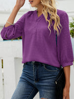 5 x Brand New Bequemer Laden Summer Women s Shirt V-Neck T-Shirt 3 4 Sleeves and Button Chiffon T-Shirt Elegant Loose Top T Shirt Blouse, Purple, XXL - RRP €139.95