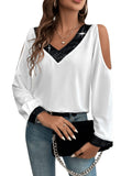 1 x RAW Customer Returns GORGLITTER Women s Elegant Long Sleeve Blouse with Sequins Top Cold Shoulder Tunic Long Sleeve Shirts Office Chiffon Blouses V-Neck Black and White M - RRP €31.25