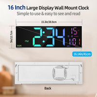 1 x RAW Customer Returns HAITANG 16 Large Digital Wall Clock for Living Room, Remote Control, Dual Alarm, 8 RGB Colors, Large LED Display, Auto Brightness, Date, Auto Daylight Saving Time, Temperature - RRP €44.11