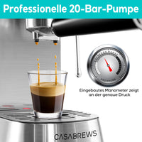 1 x RAW Customer Returns CASABREWS espresso portafilter machine 20 bar, stainless steel espresso machine with professional milk frother, small coffee machine espresso for cappuccino, latte macchiato, 1L water tank, silver - RRP €145.99