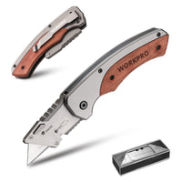 1 x RAW Customer Returns WORKPRO foldable utility knife, folding knife with wooden handle, carpet knife, cutter knife with belt clip and liner lock design, including 10 replacement blades - RRP €14.11