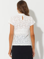 1 x RAW Customer Returns Allegra K women s short sleeve dirndl traditional blouse stand-up collar mesh transparent elegant lace top white L - RRP €41.99