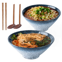 1 x RAW Customer Returns Japanese 9 inch Ceramic Ramen Noodle Soup Bowl, 2 Sets 6pcs 1600ml Multipurpose Bowl with Matching Spoon and Chopsticks for Instant Noodles, Soup, Noodle, Pho, Udon and Soba blue  - RRP €35.4