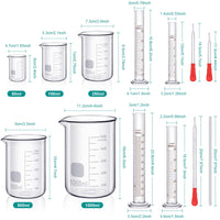 1 x RAW Customer Returns Graduated Cylindrical Glass Beaker Set, Lab Cylinders 10 ml, 25 ml, 50 ml, 100 ml , Beaker 50 ml, 100 ml, 250 ml, 500 ml, 1000 ml 3 Dropper 4 Stem Stirring in 7.9 Inches - RRP €39.46