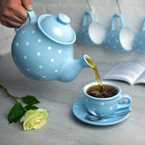 1 x Brand New City to Cottage - Ceramic tea set for 4 Light blue and white Polka dots Handmade Ceramic teapot 1.7 liters, milk jug, sugar bowl, 4 teacups with saucers - RRP €151.21