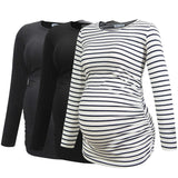 1 x RAW Customer Returns Smallshow Women s Maternity Wear Long Sleeve Maternity Shirt Maternity Tops 3 Pack, Black-Deep Grey-White Stripe, L - RRP €47.99