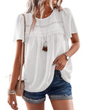 1 x Brand New BebreezChic T-Shirt Women Summer 2023 Boho Lace Blouse Short Sleeve Round Neck Swiss Dot Loose Tunic Casual Shirt T-Shirt Top, White S - RRP €24.59