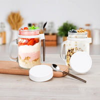 1 x RAW Customer Returns porlik Overnight Oats Yogurt Cups, 450ml, 2 Pack Overnight Oats Containers with Brands, Mason Jars with Lid for Cereal On The Go Container, Glass with Spoon Grey  - RRP €13.84