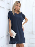 1 x RAW Customer Returns Missufe Short Summer Dress Mini Dress Round Neck Casual Dress Women Chiffon Batwing Sleeve Dresses with Belt Navy Blue, Medium  - RRP €37.3