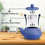 1 x RAW Customer Returns Webao cast iron teapot with stainless steel strainer, 1000ml tea pot tea kettle for loose tea, blue cherry blossom - RRP €39.86