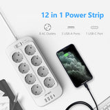 1 x RAW Customer Returns JSVER power strip 8-way with 4 USB charging ports, multiple socket with USB C, wall mounting 3680W surge protection with 2M cable power strip for smartphones, laptops - white - RRP €22.58