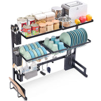 1 x RAW Customer Returns KINGRACK 3-level adjustable in length and height, dishwasher table above the sink, large capacity dishwasher, cutlery basket, hooks, cup holder etc., black - RRP €70.58