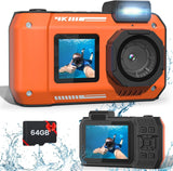 1 x RAW Customer Returns MOREXIMI 33FT Underwater Camera 4K 65MP Waterproof Camera, Underwater Camera for Snorkeling with 64GB Card Autofocus Selfie Dual Screen, Digital Camera Waterproof Compact Floatable Orange  - RRP €119.99