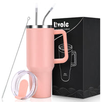 1 x RAW Customer Returns Livole 40oz 1200ml drinking cup with lid and straw, stainless steel thermal mug with handle, double-walled coffee mug to go, vacuum insulated tumbler mug for camping, sports, car, office, light pink - RRP €25.2