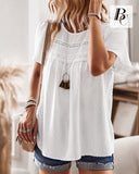 1 x Brand New BebreezChic T-Shirt Women Summer 2023 Boho Lace Blouse Short Sleeve Round Neck Swiss Dot Loose Tunic Casual Shirt T-Shirt Top, White S - RRP €24.59