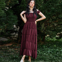 1 x RAW Customer Returns Renaissance Women s Rockabilly Dress Summer A-Line Tiered with Pocket Maxi Dress Red Wine M - RRP €53.99